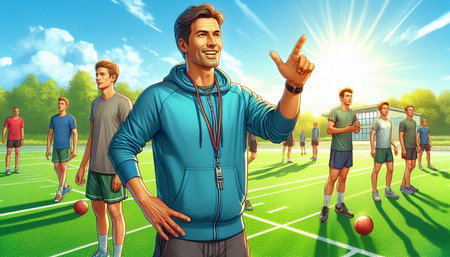 Sportsman in sportswear showing victory gesture against football field on sunny day