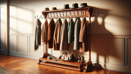 Wardrobe with clothes and accessories. 3D rendering. Vintage style.
