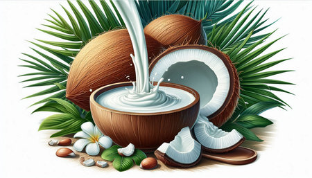 Coconut milk with coconut palm leaves and flowers, vector illustration