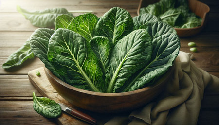 Bowl with fresh green chard on wooden table, closeup