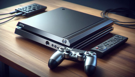 Game console and gamepad on the table. Toned image.