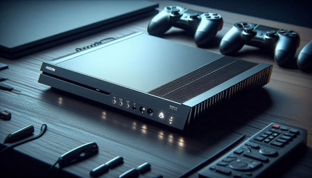Video game console with gaming accessories on the table. Toned.