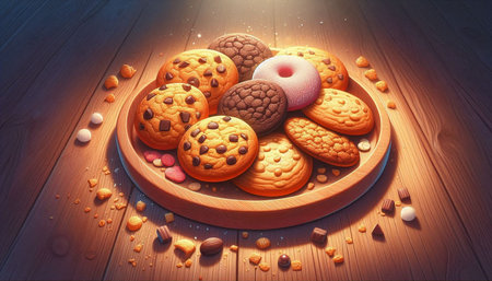 Composition with delicious cookies and candies on wooden table. 3d rendering