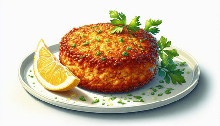 Fried fish cake with lemon and parsley on a white background