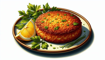 Lemon cake with parsley and lemon slices on a white background