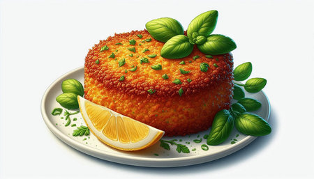 Illustration of a cake decorated with basil and lemon on a plate