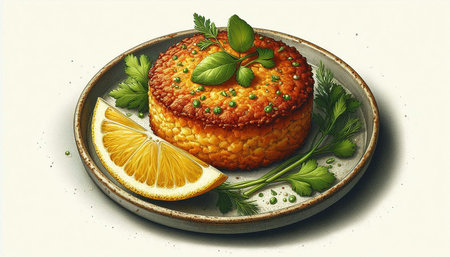 Fried fish cake with green peas, lemon and parsley.
