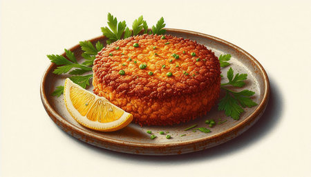 Fried fish cake with parsley and lemon on a plate.