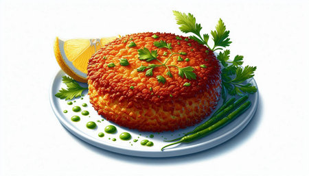 Illustration of a round baked cake garnished with parsley and lemon
