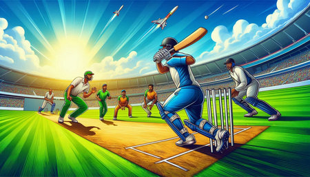 Cricket players in action at the stadium. Vector illustration.