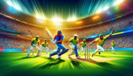 Cricket players in action at the stadium. 3D rendering