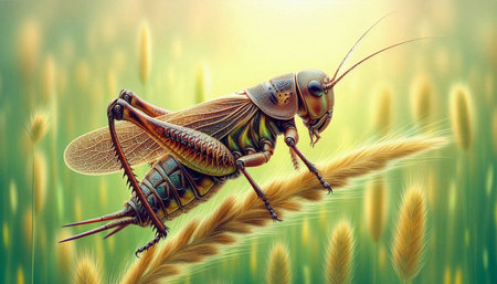 Grasshopper on the background of grass. 3d illustration