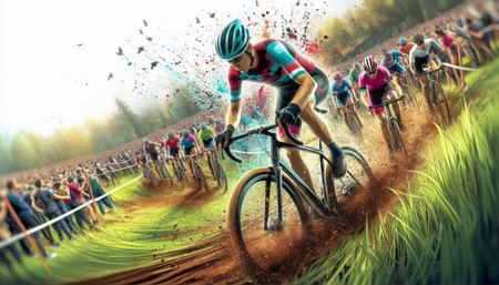 Cyclist riding on the road to the finish line. Mixed media