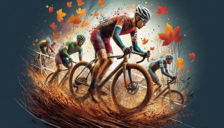 Cyclists race in the autumn forest. Elements of this image furnished by NASA