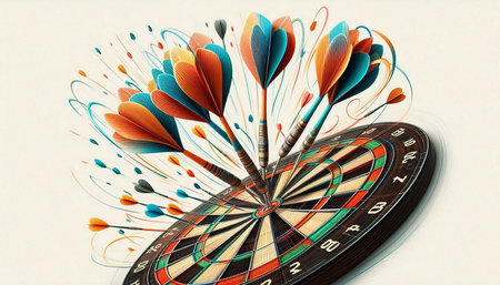 Darts on the bullseye of the dartboard. Digital painting.