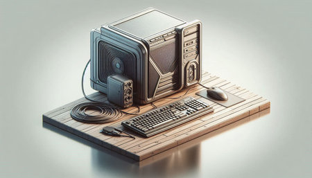 Vintage tape recorder on wooden table with keyboard and mouse. 3d illustration