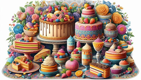 Colorful illustration of a birthday cake with a variety of sweets.