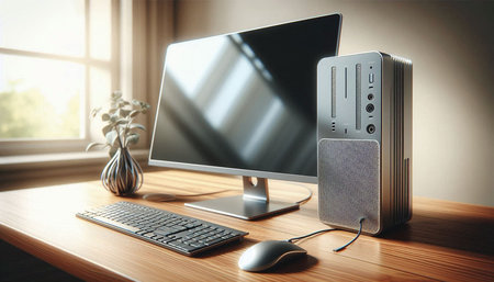 Modern desktop with computer, keyboard and mouse. 3D Rendering