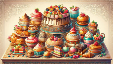 Colorful birthday cake and cupcakes decorated with fruits and candies