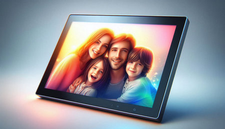 Happy family watching movie on laptop screen. Technology concept. 3D Rendering