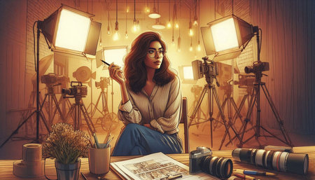 Attractive female photographer sitting in front of a camera and holding a pen.
