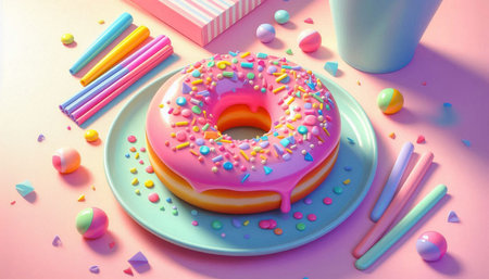 Pink donut with sprinkles on pink background. 3D rendering