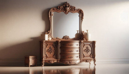 Antique wooden chest of drawers with mirror and candle in room