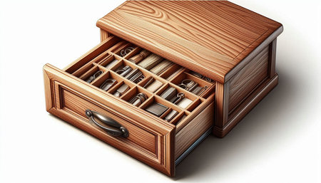 Wooden drawer with kitchen utensils on a white background.