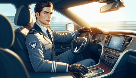 Young handsome man in a blue suit driving a car. 3D rendering.