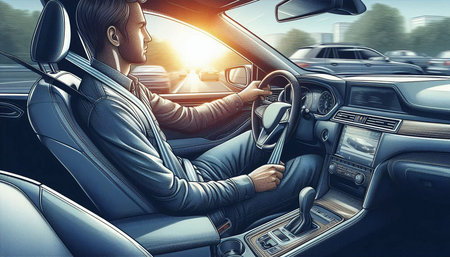 Young man driving a car, rear view. 3d rendering.