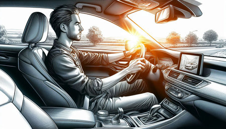 Young man driving a car with a steering wheel. Mixed media.