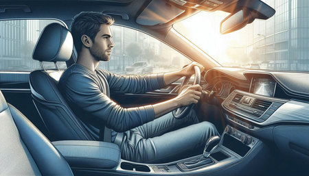 Young handsome man driving a car, rear view. 3D rendering