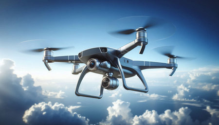 Drone flying in the blue sky. 3d rendering image.