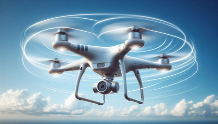 Drone with digital camera flying on blue sky background. 3d rendering
