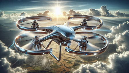 Drone flying over the city. 3d rendering. Virtual reality.