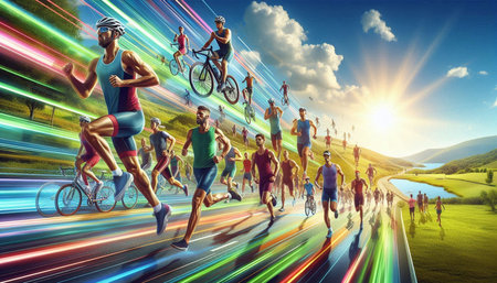 Group of people running on the road at sunset. Concept of healthy lifestyle.