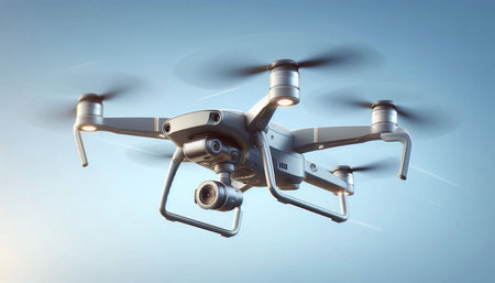 Drone with digital camera flying in the blue sky. 3d rendering