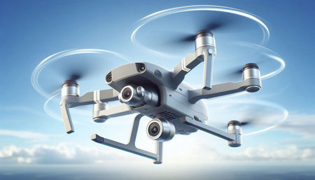 Drone with camera flying in the blue sky. 3d rendering