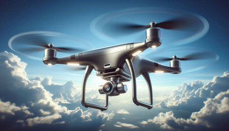 Drone with camera flying in the sky. 3D rendering.