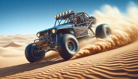 3D rendering of an off-road vehicle in the desert.