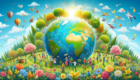 Happy family with globe on nature background. Save the planet concept.