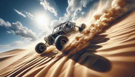 Racing off-road vehicle in the desert. 3d rendering
