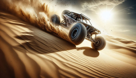 3d rendering of an off road buggy in the desert with sunset