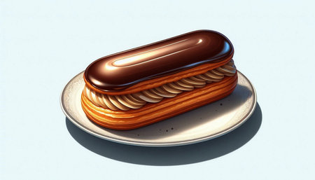 Eclair with chocolate icing on a plate. 3D rendering.