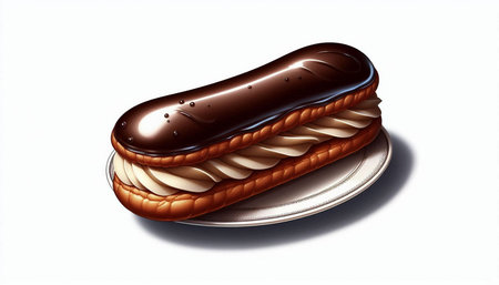 Chocolate eclair on a plate isolated on a white background.