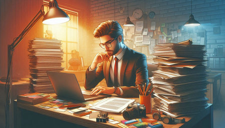Portrait of a handsome young businessman sitting at his desk in the office. Toned image double...