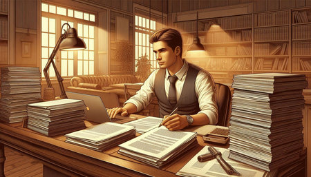 Businessman working in the office with piles of documents. 3D rendering.