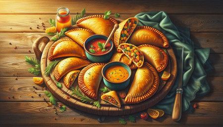 Samosas with tomato sauce on a wooden background. Top view