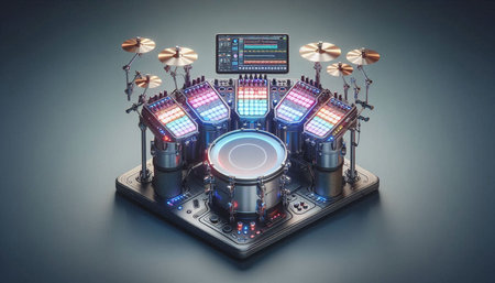 3D rendering of a music studio with drum set and lighting equipment