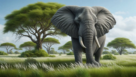 African elephant in the savannah, 3d render, digital illustration